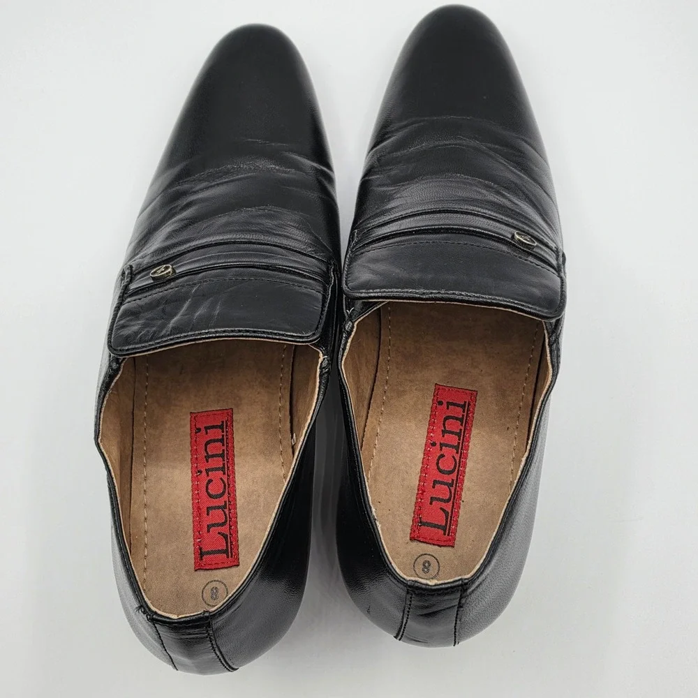 Lucini Loafers Mens Size‎ 8 Black Excellent Leather Slip On Dress Shoes